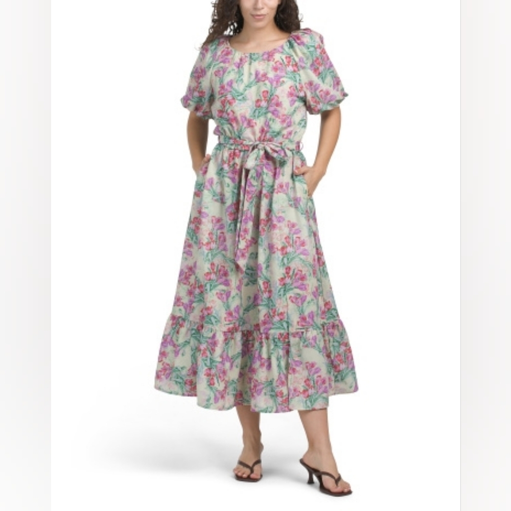 NWT - Melloday Yellow/Pink Floral Printed Puff Sleeve Woven Maxi Dress - Size L